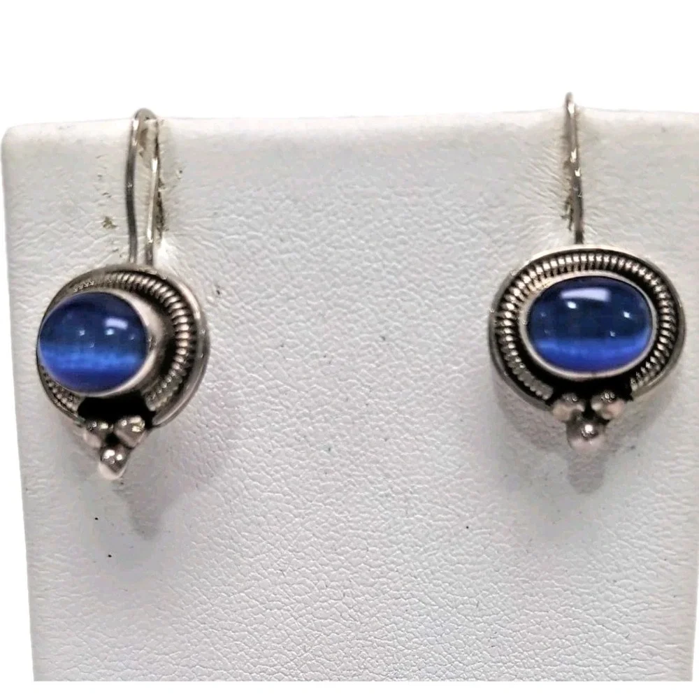 ATI Vtg Mexican Sterling Silver 925 Necklace Earrings Set Blue Cat Eye Glass